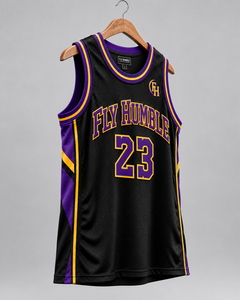 Maillot de basketball Fly Humble noir, violet et or 23, débardeur en mesh sublimé, unisexe adulte, toutes saisons, prix de gros, personnalisable - Product Image 6