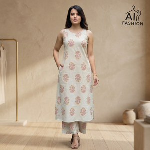 Kurti de Algodón con Estampado Floral Beige para Mujer, Corte Holgado, Largo hasta el Tobillo, Ropa Casual, Moda de India y Pakistán, Estilo Veraniego - Product Image 4