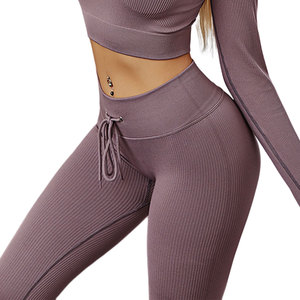 Women Ribbed Leggings Seamless Drawstring Jogging Yoga <b>Tights</b> Flexible and Quick Dry - Product Image 3