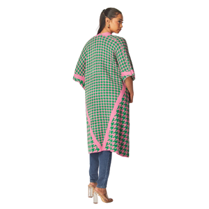 AKA Pink & Green Houndstooth <b>Poncho</b> Sweater Women's Open Front Knit Wrap Shawl Oversized Fashion Cardigan <b>Cape</b> - Product Image 1
