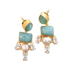 Amazonite earrings with Bezel Setting Rose Quartz and Zircon Unique Diamond Shape for Birthday Party Christmas Statements