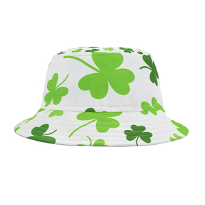 Unisex White Bucket Hat With Green Clover Print Digital Printing Casual Spring Summer Style Adult Wear - Product Image 2