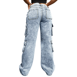 Pantalones Cargo de Mezclilla Lavada Azul Claro para Mujer, de Pierna Ancha, Tiro Medio, Ajuste Regular, Transpirables, de Secado Rápido, Casuales, de Cintura Completa - Product Image 2