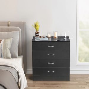 Comodino PB Wood Simple a 4 cassetti, stile moderno, in legno massello e vetro con porte USB e presa di corrente, nero, per camera da letto - Product Image 1