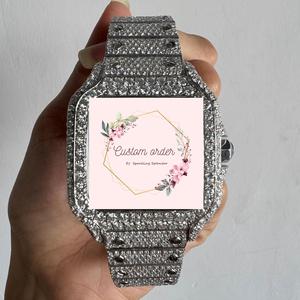 Montre-bracelet unisexe Hip Hop entièrement sertie de diamants Moissanite, boîtier carré mécanique en acier inoxydable, cadran analogique en verre - Product Image 1