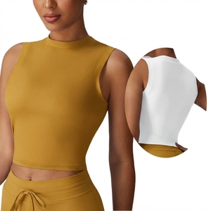 Women Solid Color <b>Mock</b> <b>Neck</b> Sleeveless Crop <b>Top</b> Tank <b>Top</b> Yoga <b>Top</b> Breathable Seamless Fit Regular Style Spandex Polyester - Product Image 4