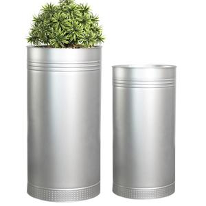 Ensemble de 2 jardinières cylindriques à poser au sol, finition argentée, résistantes à la rouille, en métal, pour la décoration de salon et de la maison - Product Image 1