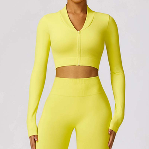 Yellow 2 Piece Yoga Set Full Sleeve <b>Crop</b> <b>Top</b> High Waist Leggings Seamles Zipper Front Solid Color Activewear - Product Image 1
