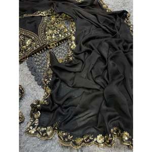 Sari de soirée de créateur avec de magnifiques broderies de sequins et bordure en dentelle - Product Image 6