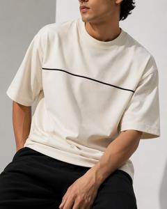 T-shirt à manches courtes pour homme, couleur claire, coupe ample, avec bordure contrastée, t-shirt oversize, col rond, coton tricoté, vêtements décontractés - Product Image 4