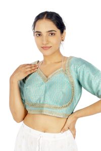 Blusa Azul Bordada para Mujer, Top Corto con Cuello en V, Camisa Estampada de Manga Corta para Festivales - Product Image 1