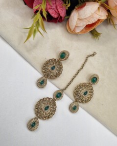 Ensemble de bijoux 3 pièces pour femmes, pierres précieuses ovales et en forme de poire, collection de bijoux de créateur, style ethnique, pour occasions spéciales. - Product Image 3