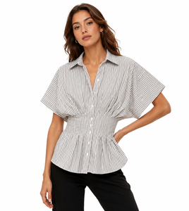 Summer Vintage Striped Women's Regular Fit High Waist Fashion Ruffle Pleated Eco-Friendly Blouses Casual Shirt - Product Image 1