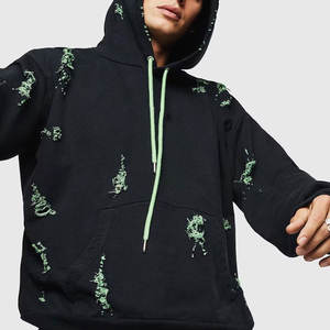 Sweat à capuche pour homme avec broderie 3D en relief et effet vieilli, sweat à capuche pour homme avec broderie plate et aspect usé - Product Image 2