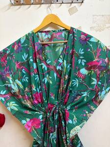Women Floral Bird Print Cotton <b>Kaftan</b> Dress | Boho <b>Beach</b> Cover-Up Resort Wear V-neck Batwing Sleeves Maxi Eco-Friendly Handmade - Product Image 5