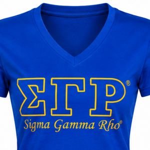 Camiseta de Manga Corta con Cuello en V Azul Rey Sigma Gamma Rho, Estampado de Letras Griegas Doradas, Ropa de la Hermandad 1922, Top Clásico Informal - Product Image 5
