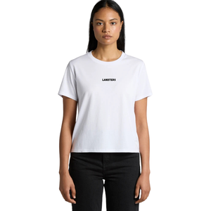 T-shirt en jersey de coton pour femme, col rond, manches courtes, coupe classique, imprimé discret sur la poitrine, dos uni, décontracté, vente en gros, personnalisable, OEM - Product Image 1