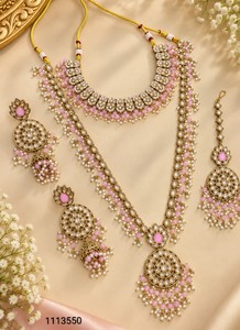 Juego de Joyería de Flores con Perlas y Baño de Oro, Collar y Aretes Verdes para Novia, para Bodas y Fiestas - Product Image 2