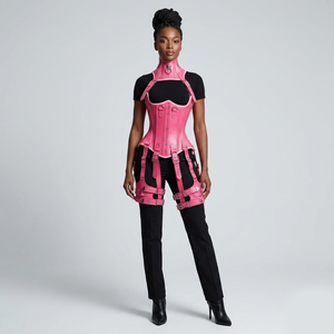 Real Leather Underbust Fully Steel Boned Harness Corset High Compression <b>Tummy</b> <b>Control</b> Breathable Pink Women's Gift - Product Image 2