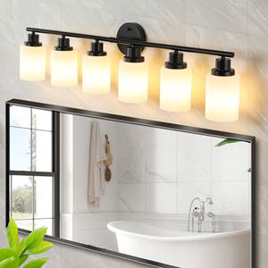 Modern 6-<b>Light</b> 39\" <b>Vanity</b> Bathroom <b>Mirror</b> Frosted White Glass with Black Iron Frame Contemporary Wall Sconce for Bedroom - Product Image 3