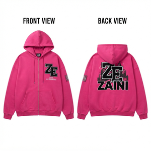 Men Premium 350gsm Cotton Polyester Woven Faffleece <b>Full</b> <b>Zip</b> <b>Hoodie</b> Pink Heavyweight Custom Embroidery Logo Streetwear Winter - Product Image 1