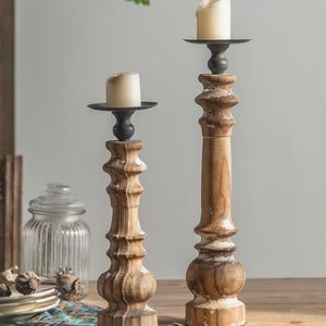 Ensemble de porte-bougies rustiques vintage en bois, style farmhouse vieilli, pour bougies pilier, centre de table décoratif pour la maison - Product Image 5