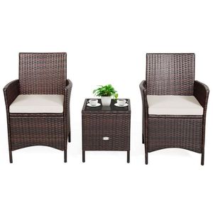 3-Piece Patio Rattan Conversation Set with Cushions & Glass <b>Table</b> <b>Top</b> for Garden <b>Decor</b> - Product Image 6