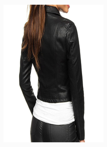 Women's Black Genuine Leather Moto Jacket Full Sleeve <b>Zipper</b> Closure Stand Collar Autumn Style - Product Image 3