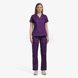 Conjunto de uniforme médico para mujer, color morado, con blusa de cuello en V y pantalones de poliéster tejido, para personal sanitario. - Product Image 2