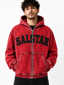 Veste à capuche en jean délavé vintage pour homme, logo personnalisé, coupe oversize, fermeture éclair, streetwear, veste décontractée - Product Image 1