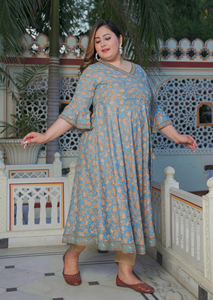 Vestido Festivo Anarkali de Rayón Azul con Estampado Floral, Cuello en V y Mangas Campana, Tallas Grandes para Mujer, Venta al por Mayor - Product Image 2