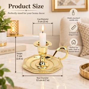 Gold Brass Chamberstick <b>Candle</b> Holder Handled Taper Stand Vintage Octagon <b>Dish</b> Base Candleholder Home Table Wedding Christmas - Product Image 3