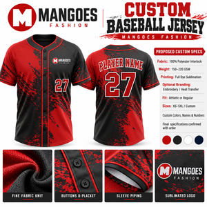Maillot de baseball unisexe personnalisé MANGOES, rouge et noir, impression par transfert thermique, manches courtes, évacuation de l'humidité, coupe classique, grandes tailles - Product Image 6