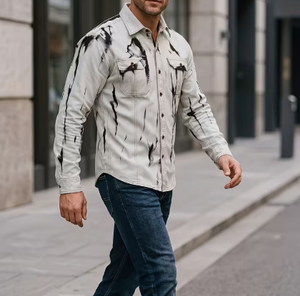 Chemise en jean pour homme, coupe ajustée, manches longues, motif tie-dye, col rabattu, respirante, style décontracté, tissée, toutes saisons - Product Image 1