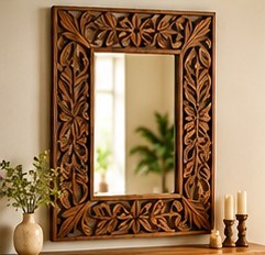 Handcrafted Large Customized Wooden <b>Rectangle</b> <b>Wall</b> <b>Mirror</b> Floral Frame Traditional Design <b>for</b> Home Decor Living Room Bedroom - Product Image 1