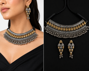 Ensemble Collier Ras-du-Cou et Boucles d'Oreilles Bohèmes Ghungroo Bicolore Argent et Or pour Amoureux, Vente en Gros, Fournisseur en Gros pour Femmes, Fiançailles et Mariage - Product Image 3