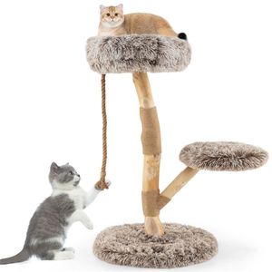 Tiragraffi per Gatti in Legno Naturale di Pero 19.5"x35.5" con Pali in Juta, Peluche Lungo, Design Robusto, Giocattolo per Gatti di Grandi Dimensioni - Product Image 1