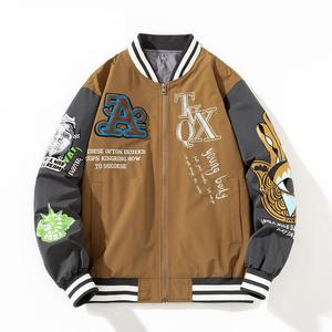Blouson bomber brodé pour homme avec patchs lettres et motifs de dessins animés, streetwear d'automne, fermeture éclair sur le devant, veste décontractée - Product Image 1
