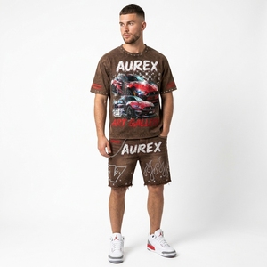 <b>Men's</b> Custom Streetwear Cropped T Shirt Shorts Set <b>Studded</b> Acid Wash 100% Cotton Screen Printed Summer Outfit - Product Image 3