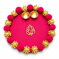 Thali de Ganesha con Pompón y Diya de Metal, Thali Religioso Decorativo Hecho a Mano para Celebraciones Festivas y Regalos