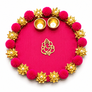 Thali de Pooja Ganesha avec pompons et Diya en métal, Thali religieux décoratif fait main pour célébrations festives et cadeaux - Product Image 6