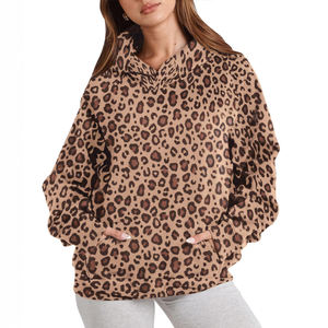 Custom Women's <b>Leopard</b> <b>Print</b> Hooded <b>Sweatshirt</b> Oversized Regular Sleeve Knitted Cotton Autumn Style With Pockets - Product Image 1