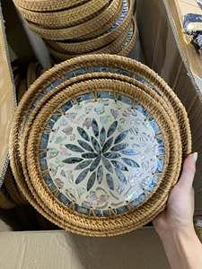 Inlaid Lacquer Rattan Tray Vintage Style Shell Rattan Tray Mosaic Shell Rattan Tray Shell Rattan <b>Square</b> Tray Handwoven Rattan - Product Image 2