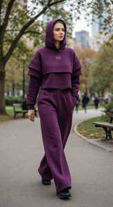 Conjunto Deportivo Morado para Mujer con Capucha, Top Corto de Manga Larga, Pantalones Anchos con Cintura Elástica, Corte Holgado Informal, Color Sólido - Product Image 2