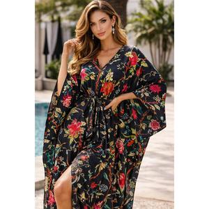 Bohemian <b>Black</b> Block Print Cotton <b>Kaftan</b> Maxi Dress Women V Neck <b>Kaftan</b> with Short Sleeves and Relaxed Resort Wear - Product Image 1