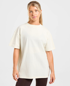 Camiseta de Manga Corta para Mujer, Cuello Redondo, Color Crema, Talla Grande, Corte Holgado, Color Sólido, 100% Algodón Jersey, Tejido de Punto, Calidad Premium - Product Image 1