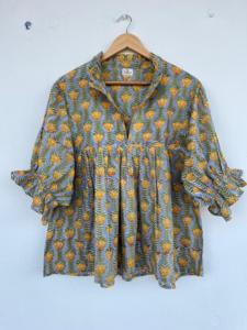 Blusa de Mujer Vintage con Estampado Geométrico Amarillo, 100% Algodón, Estampado a Mano, Ligera, Holgada, Estilo Boho, Cómoda para el Verano - Product Image 1