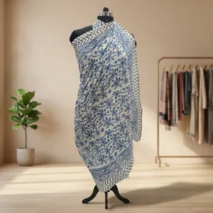 Blue Floral Hand Block Printed Cotton <b>Sarong</b> Scarf with Chevron Border Lightweight Beach Wrap Stole for Women - Product Image 6