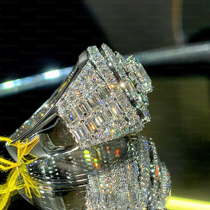 Round Cut Moissanite Diamond Halo <b>Ring</b> Baguette Cluster <b>925</b> <b>Silver</b> Luxury Statement <b>Ring</b> - Product Image 6