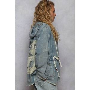 POL Raw Hem Drawstring Zip up Chaqueta de mezclilla con capucha para mujer - Product Image 1